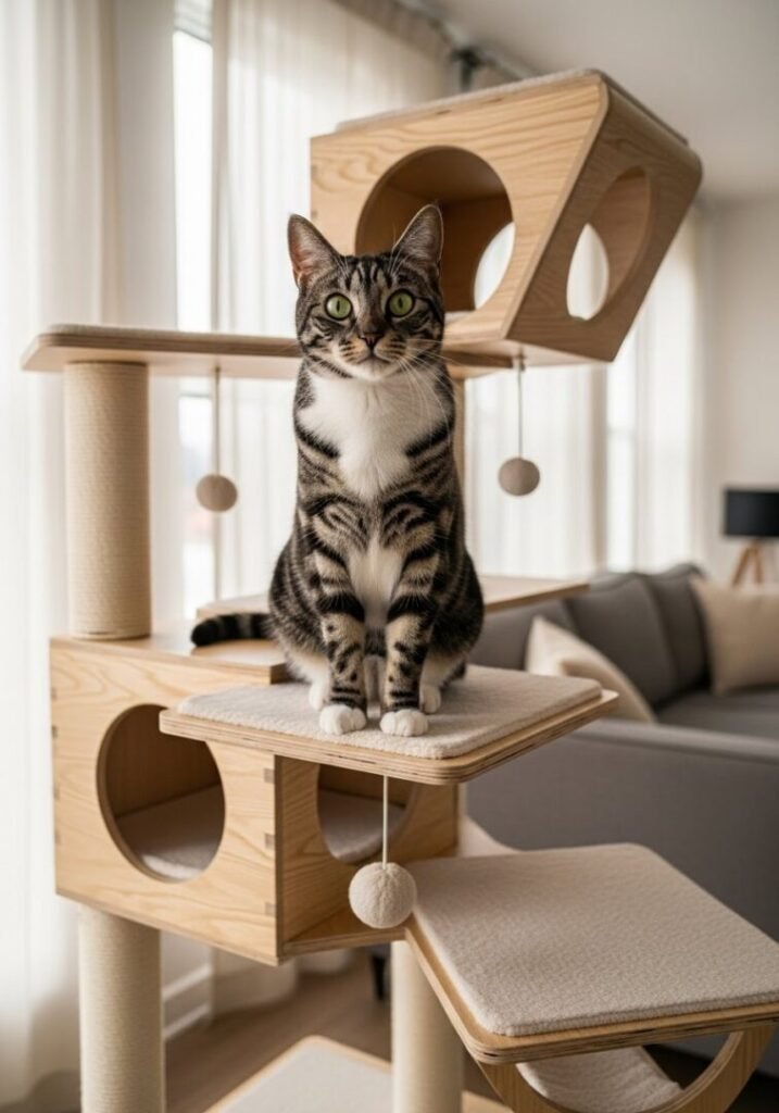 Gato atigrado con pecho blanco y ojos verdes sentado sobre una torre de gatos beige en un salón luminoso.