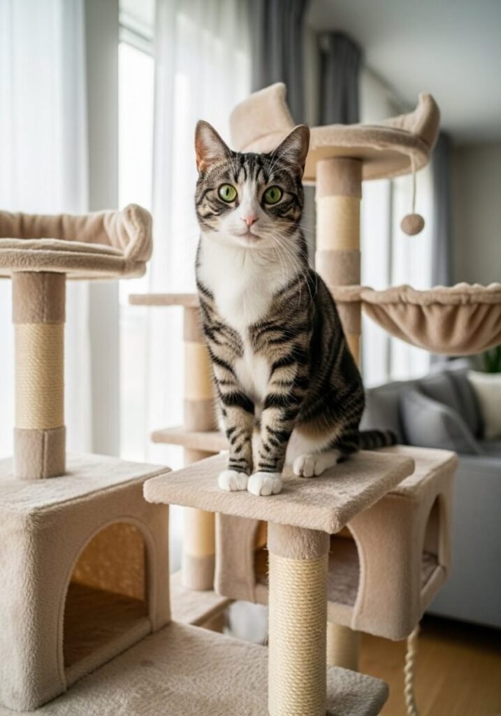 Gato atigrado con pecho blanco y ojos verdes mirando directamente a la cámara mientras está sentado en una torre de gatos beige en un salón luminoso.