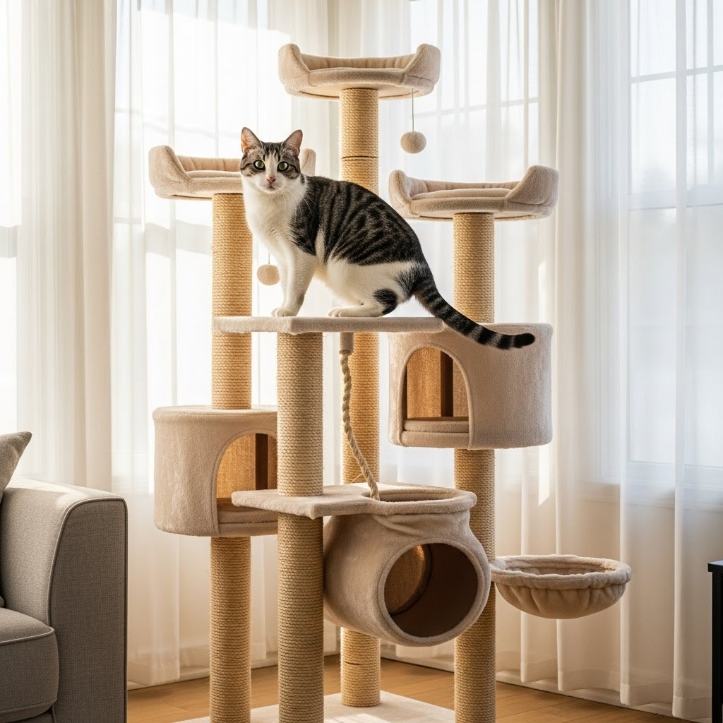 Gato atigrado y blanco posando en una torre de gatos beige frente a una ventana con cortinas blancas en un salón.