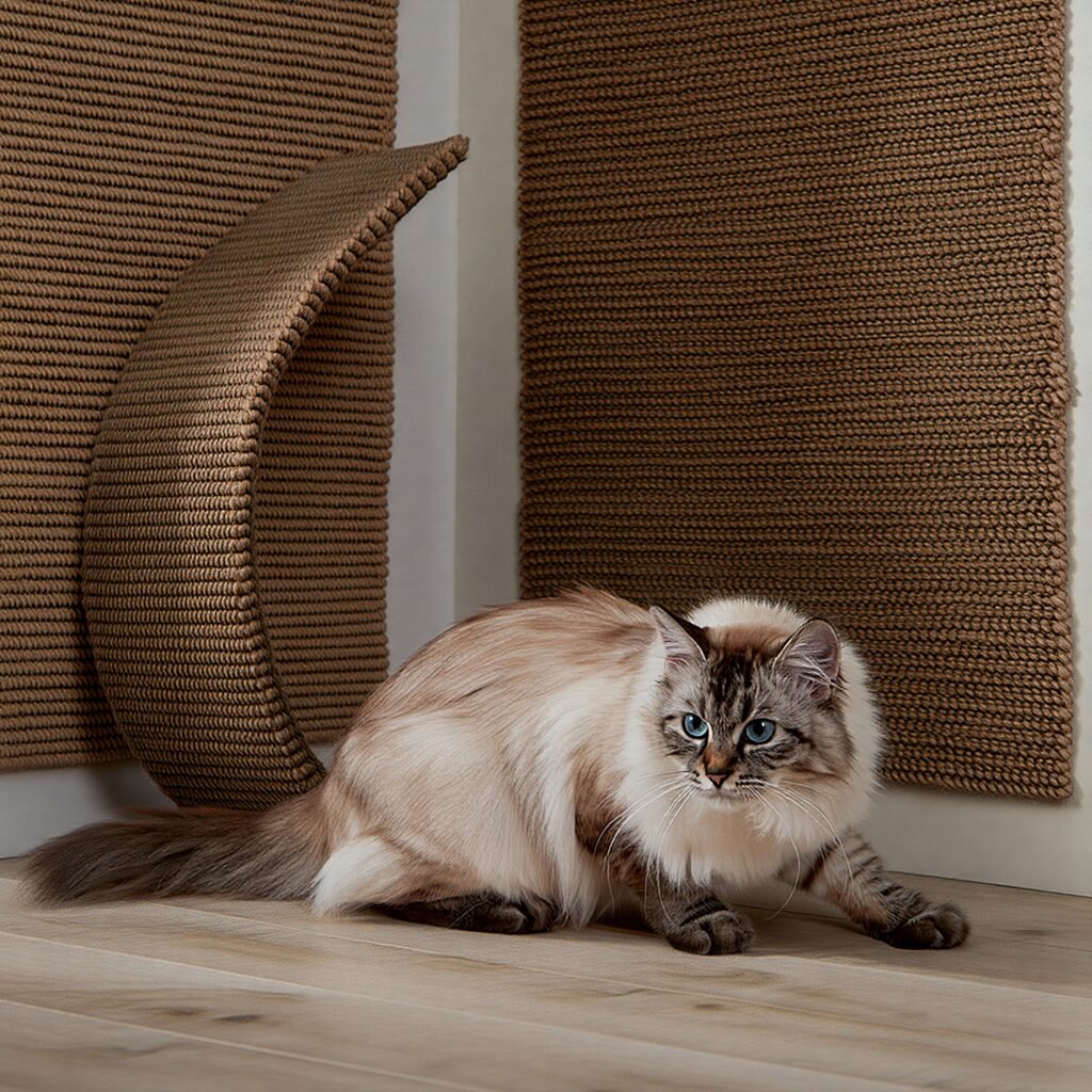 Rascador para gatos de pared y piso, diseño moderno en color cafe.