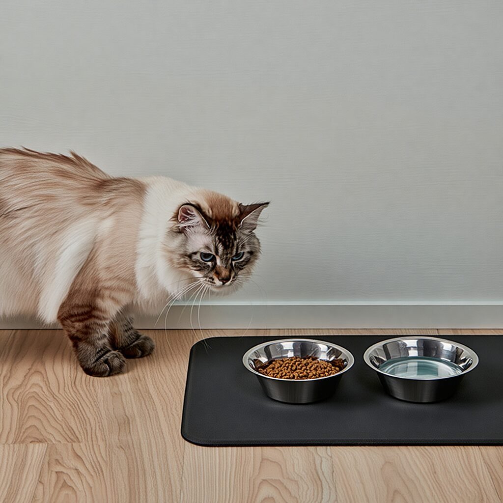 Bebedero y comedero automático de pared para gatos, diseño moderno que ahorra espacio.