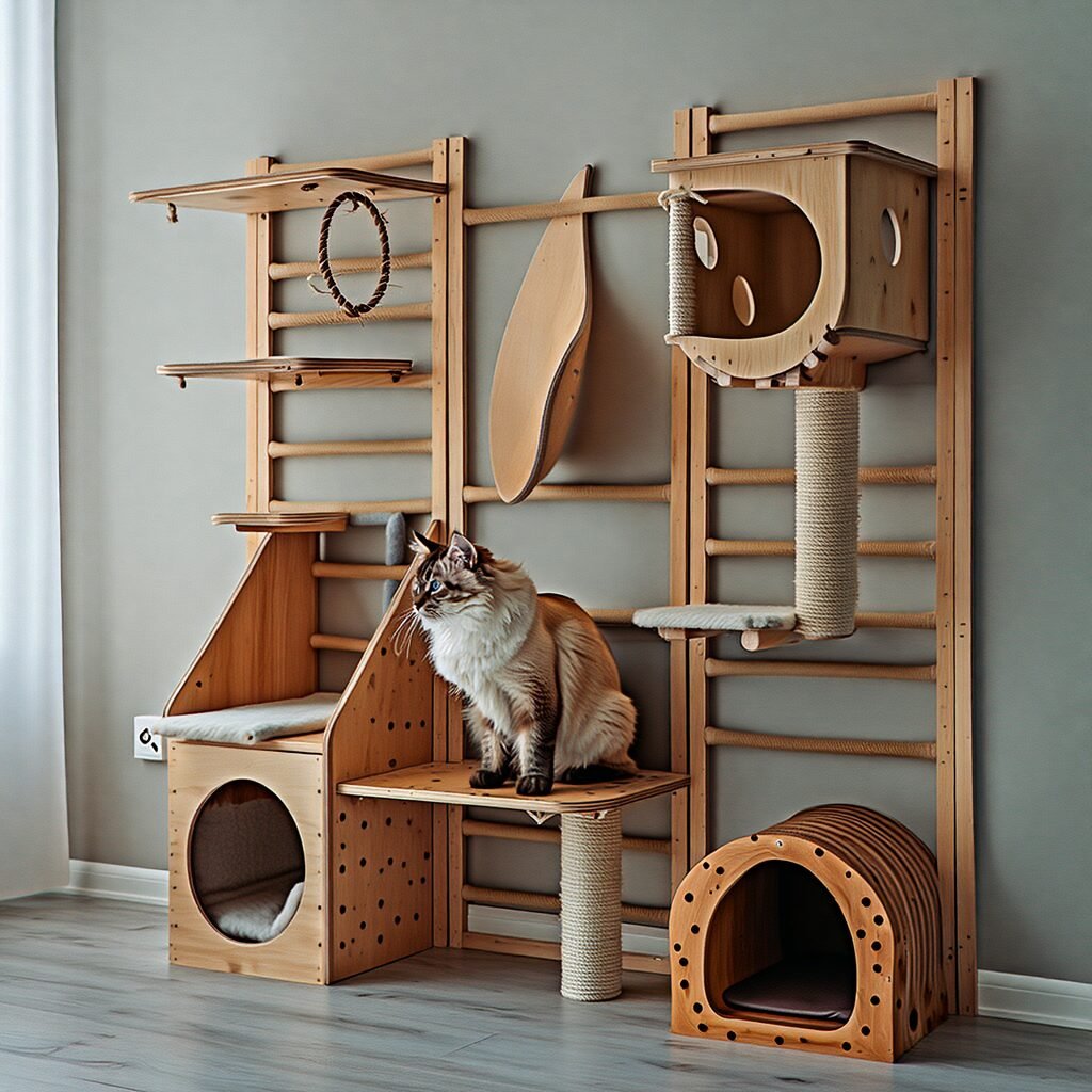 Gimnasio de pared para gatos con estantes, plataformas y poste para rascar, diseño moderno.