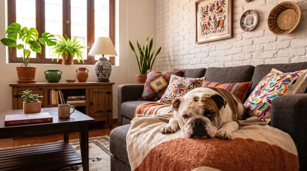 Bulldog Inglés relajado en sofá de departamento