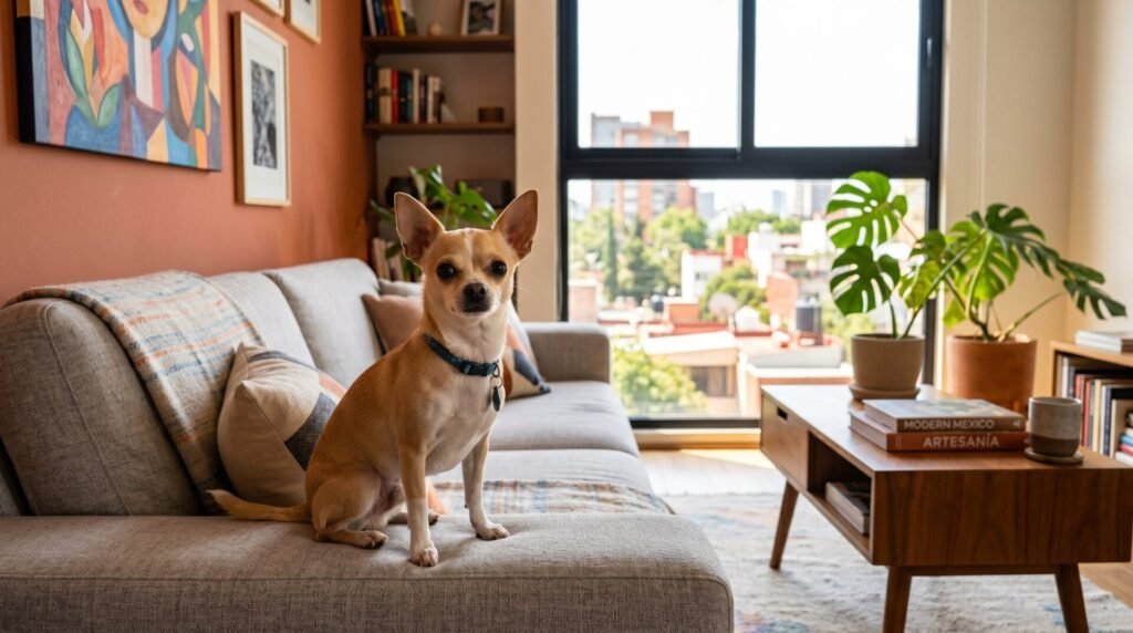 Chihuahua en sofá de departamento moderno en Ciudad de México