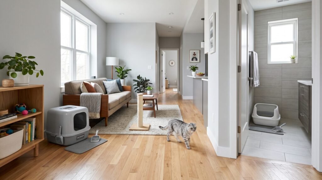 Dos areneros separados en diferentes zonas de un apartamento pequeño