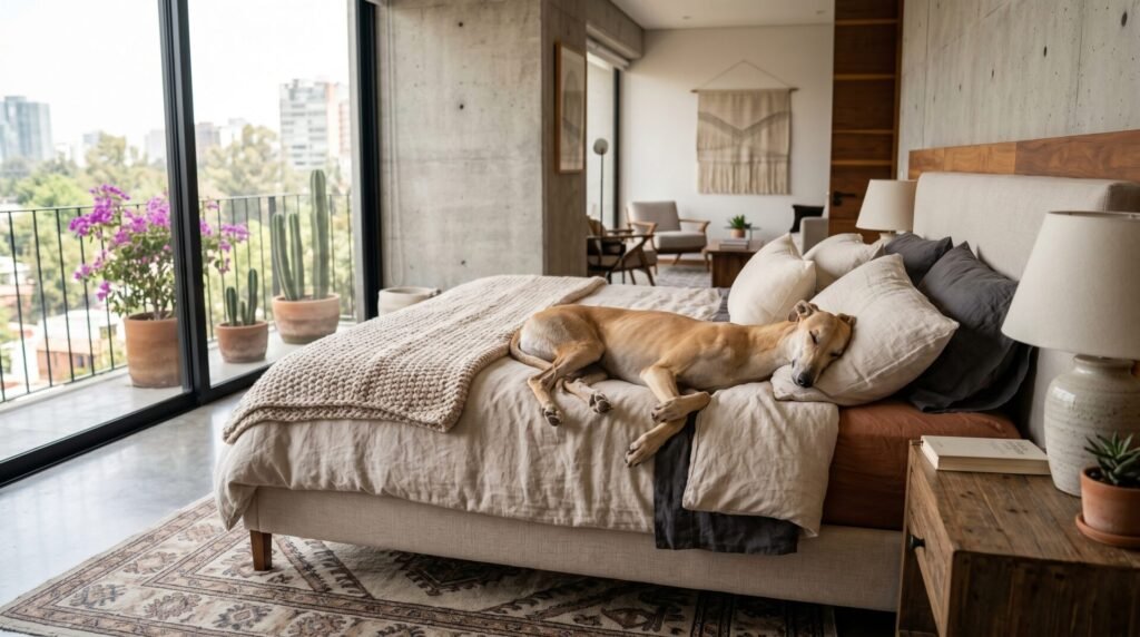 Galgo durmiendo plácidamente en departamento espacioso