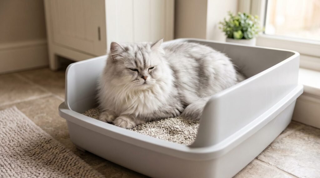 Gato Persa relajado y feliz usando un arenero limpio en rincón tranquilo del apartamento