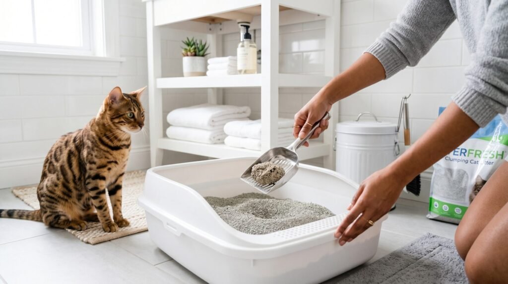  Persona retirando residuos de arenero limpio con gato Bengal observando cerca