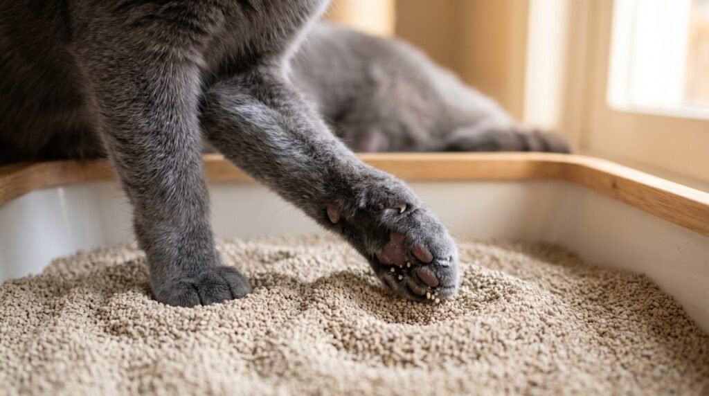 Patas de gato Russian Blue sobre arena fina natural y aglomerante para gatos
