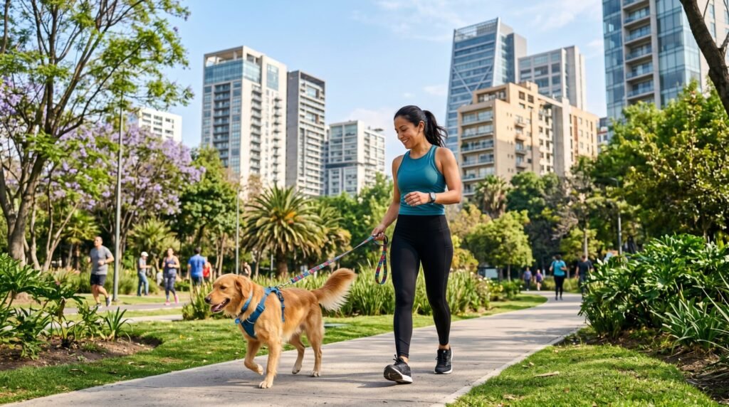 Persona caminando con perro en parque urbano de Ciudad de México