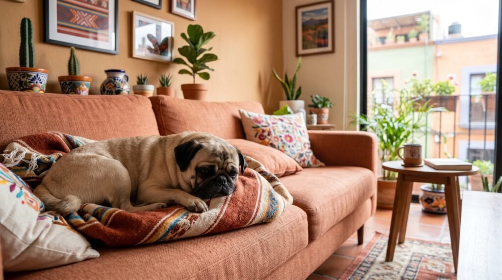 Pug descansando tranquilamente en departamento mexicano