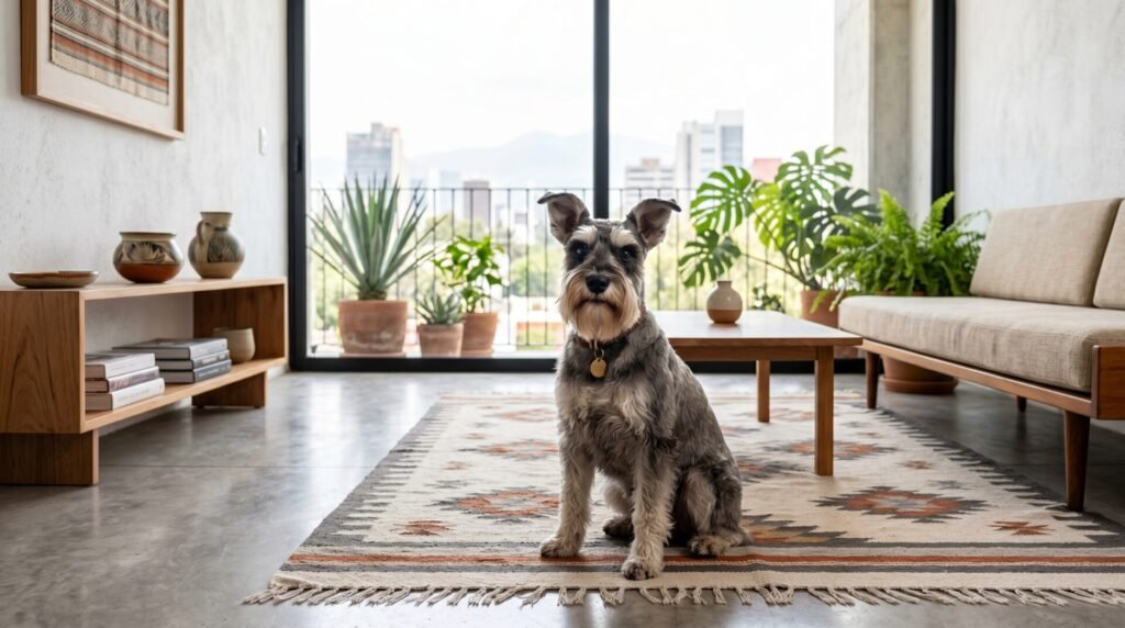 Schnauzer Miniatura en departamento limpio y moderno