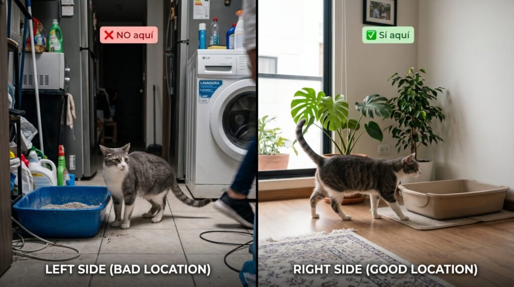 Comparativa de ubicación correcta e incorrecta para arenero de gato en apartamento