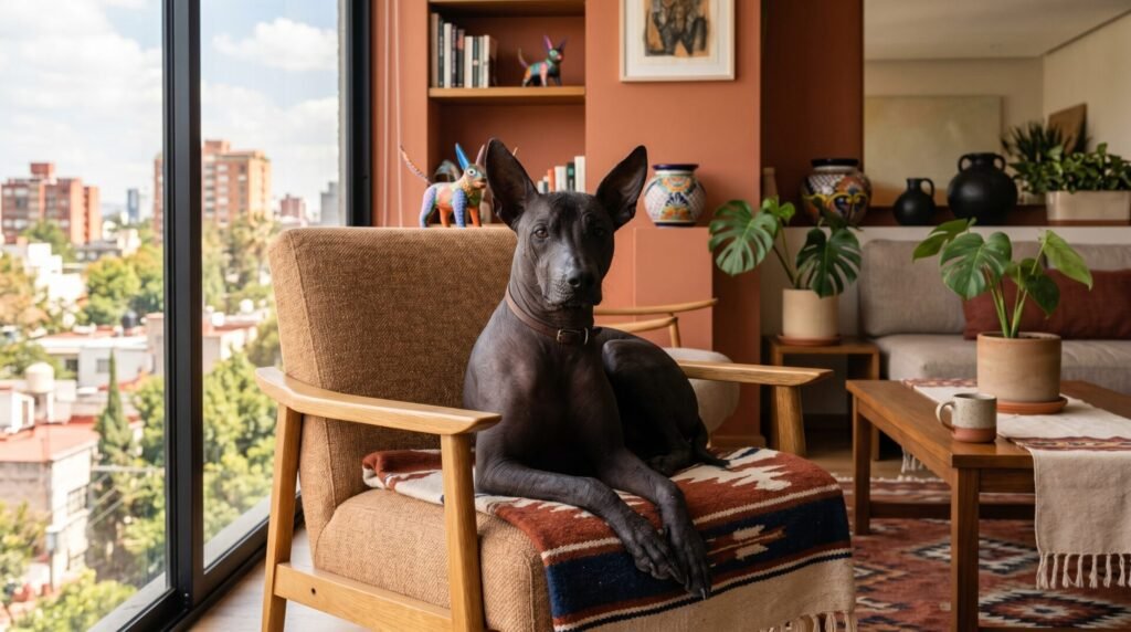 Xoloitzcuintle sin pelo en departamento mexicano contemporáneo