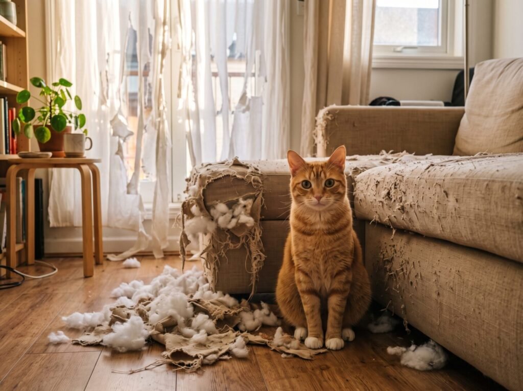 Gato naranja sentado junto a sofá destruido con cortinas rotas en departamento pequeño - problema común de rascado felino