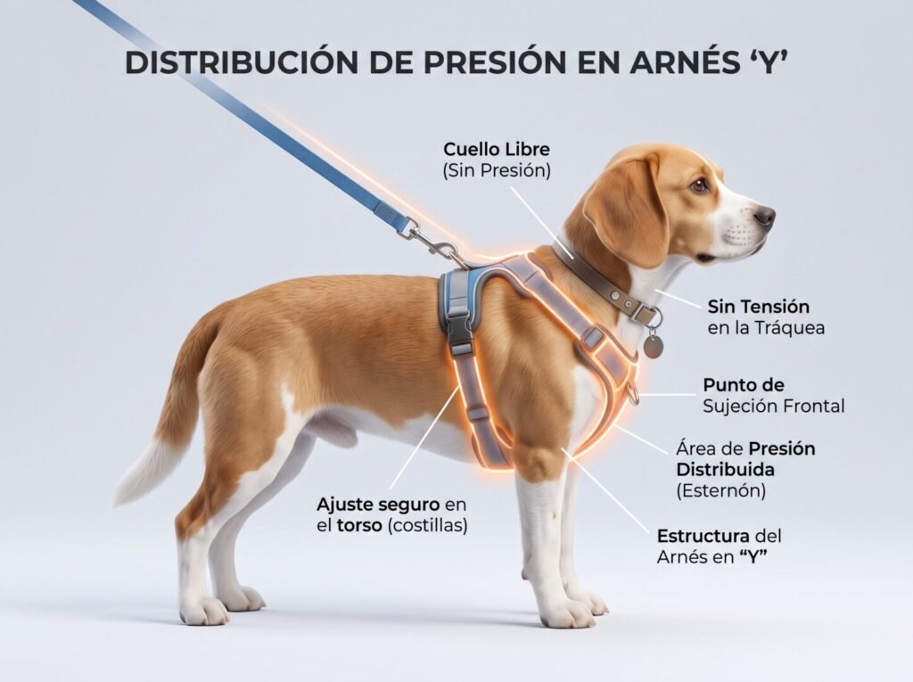 Diagrama de cómo un arnés antitirones en forma de Y distribuye la presión en el pecho del perro pequeño.