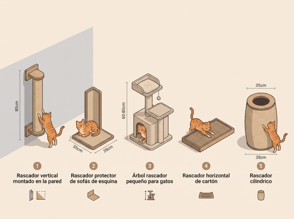 Comparación visual de 5 tipos de rascadores para gatos en departamentos pequeños: pared, esquinero, torre, cartón y barril