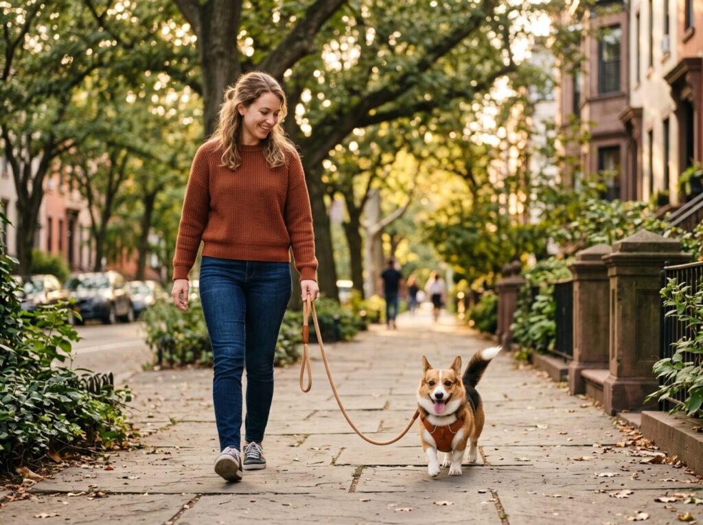 Dueño caminando tranquilamente con su perro pequeño usando una pechera antitirones bien ajustada en un paseo relajado.