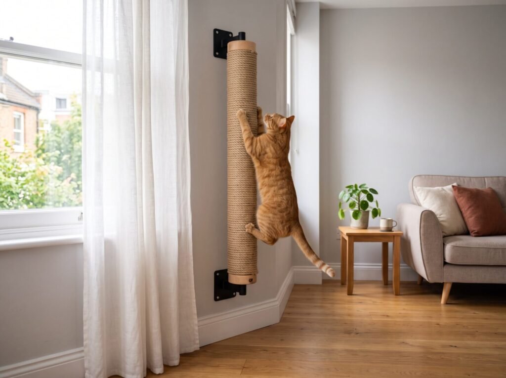 Rascador de pared vertical de 80cm con sisal natural instalado en departamento pequeño, gato naranja estirándose completamente