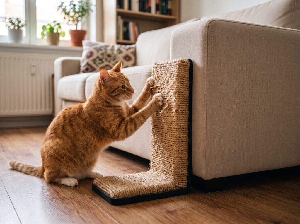 Rascador esquinero L para sofá protegiendo esquina de muebles, gato rascando sisal en departamento pequeño