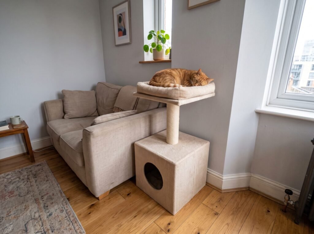 Torre rascadora compacta de 68cm ocupando 40x40cm de suelo en departamento pequeño, gato durmiendo en plataforma superior