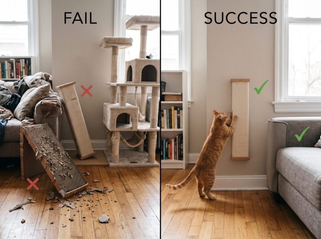 Comparación antes y después: rascadores que fallaron vs rascador de pared exitoso en departamento pequeño con gato