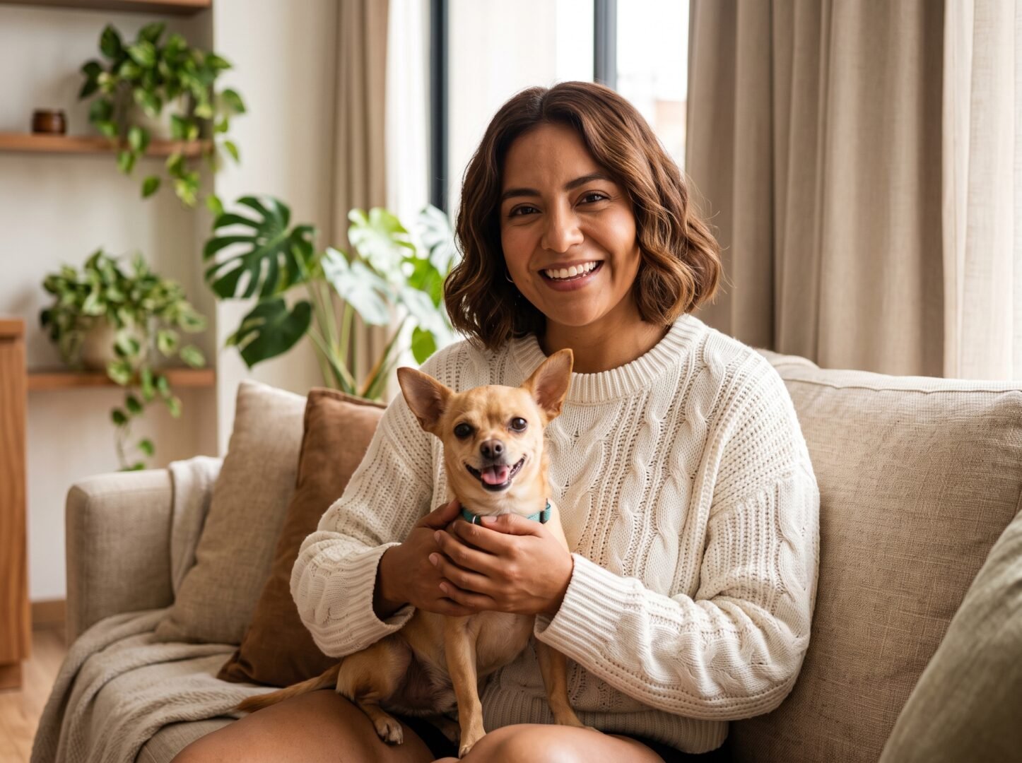 Valeria con su Chihuahua en departamento pequeño con collares y correas urbanas
