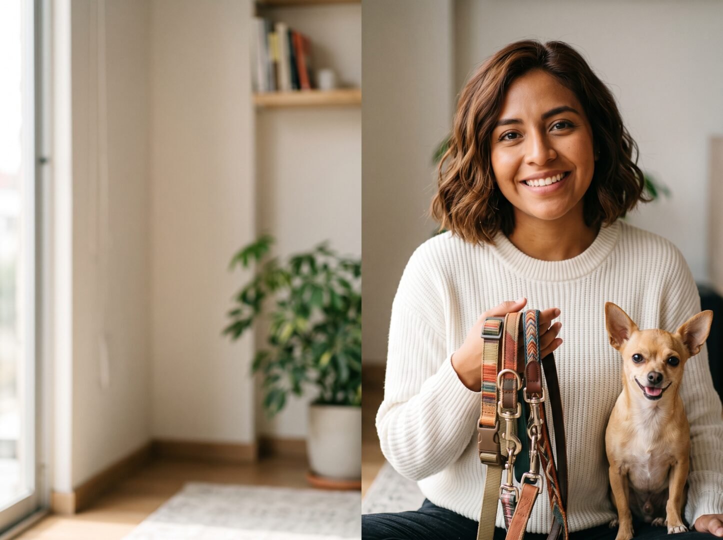 Valeria mostrando colección de collares y correas urbanas con su Chihuahua