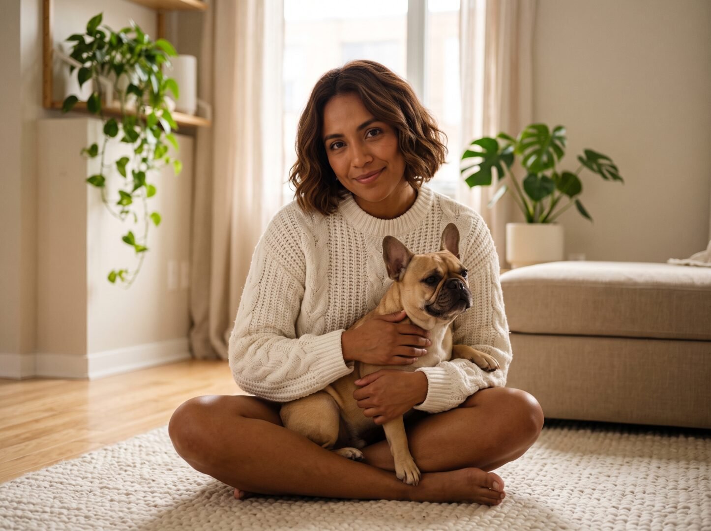 Mujer con perro pequeño en departamento minimalista con accesorios para espacios pequeños.