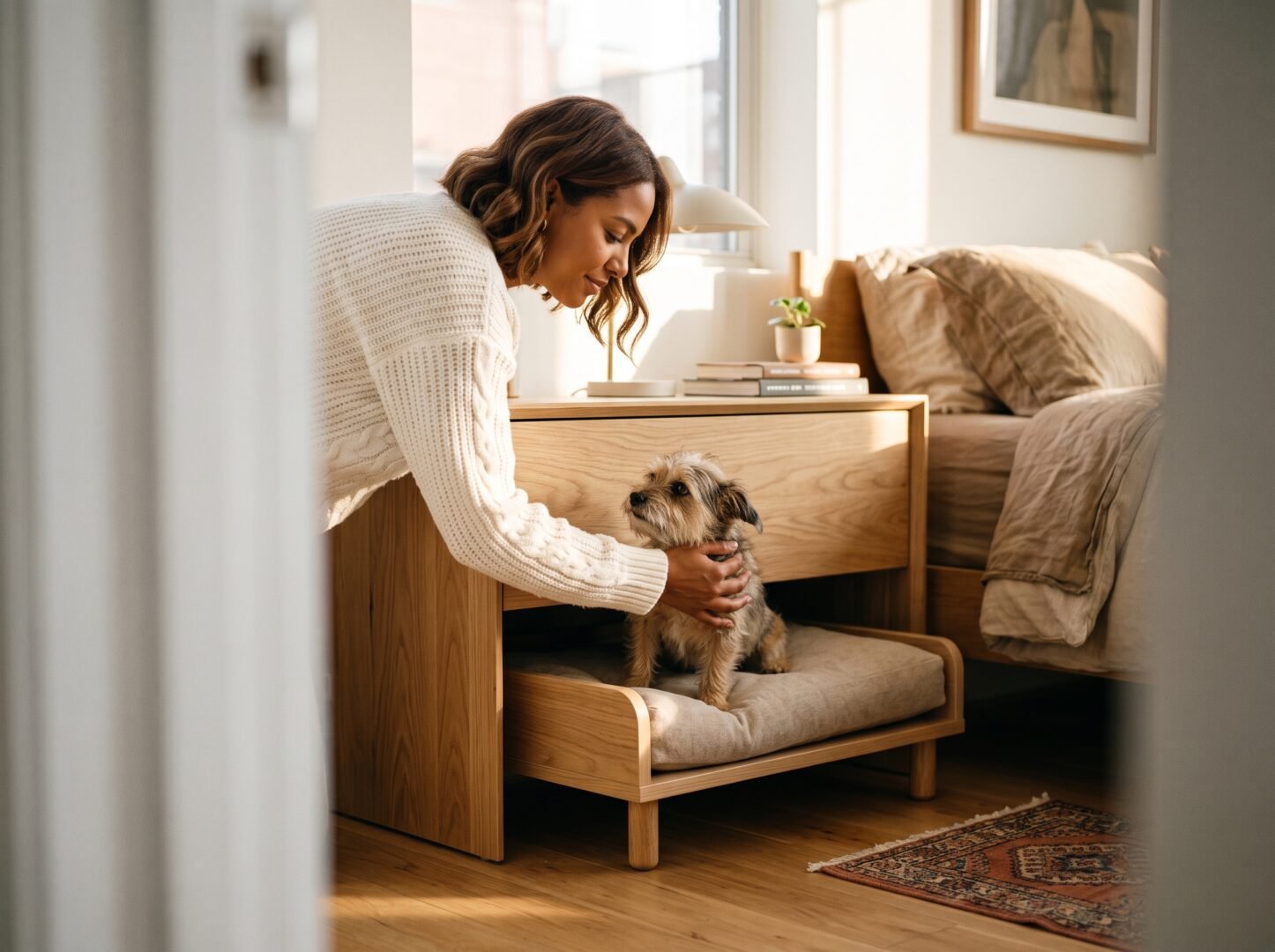 Cama elevada compacta para perro que ahorra espacio en habitación pequeña.