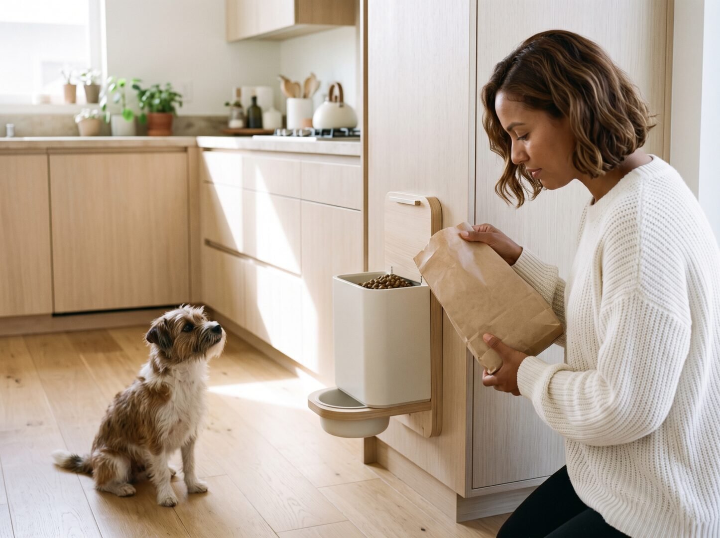 Comedero de pared para perros en cocina pequeña de departamento.