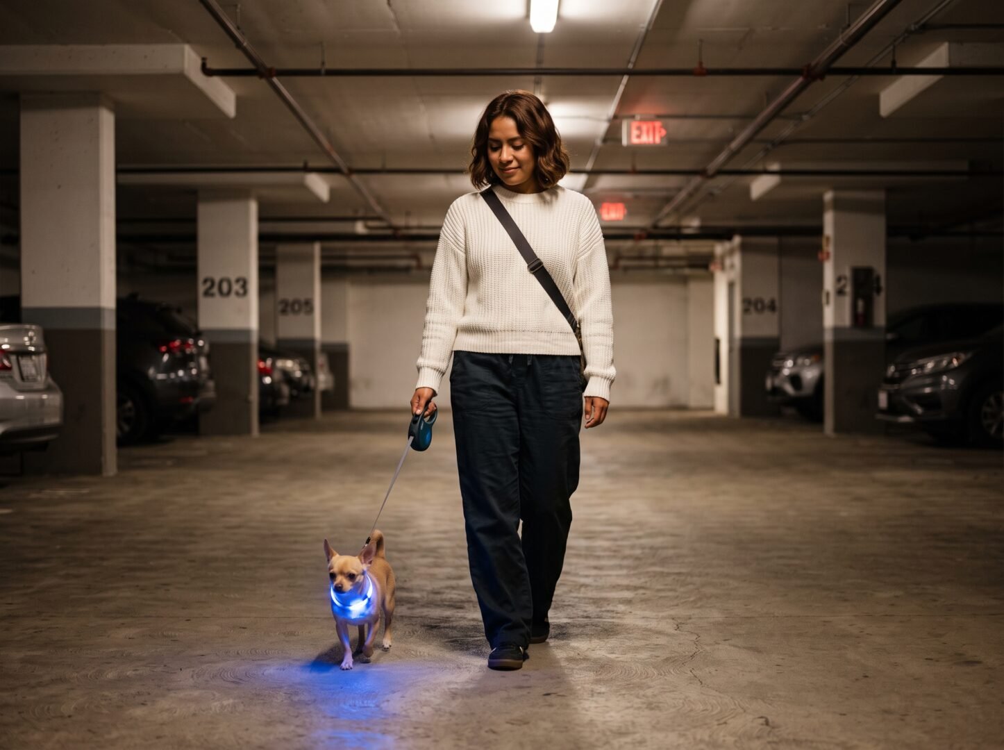 Paseo nocturno seguro con collar LED en estacionamiento de edificio
