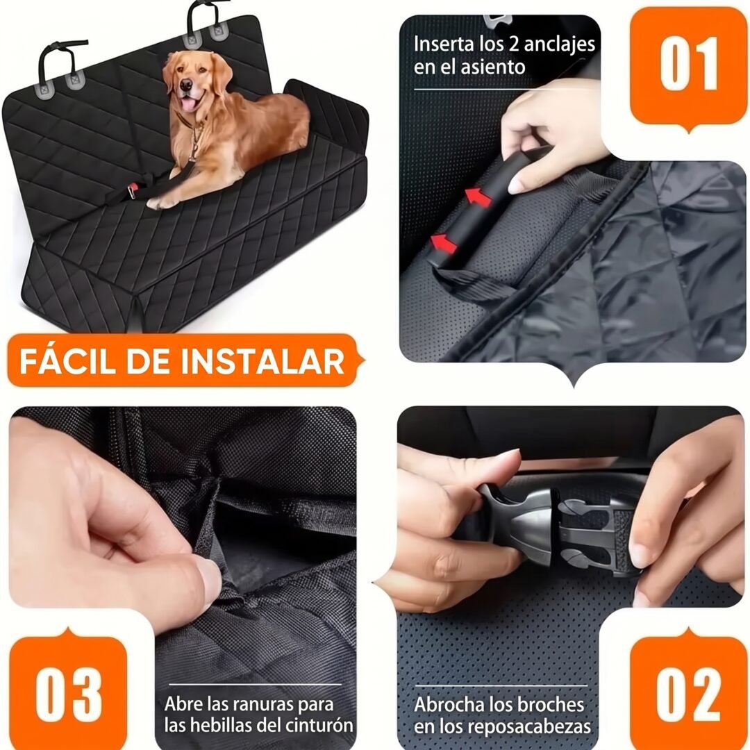 Instrucciones de Instalación de la Funda para Mascotas Guía paso a paso de instalación de funda para asiento de coche para perros, mostrando cómo asegurar los anclajes.