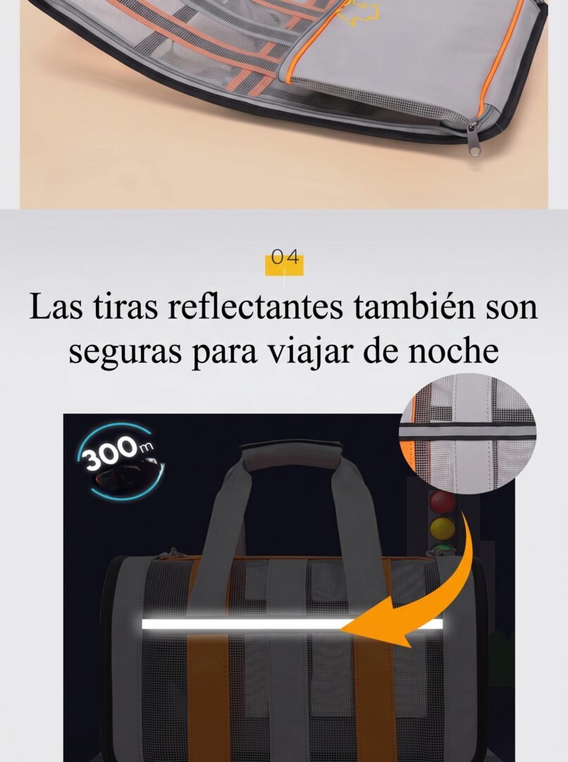 Transportador naranja y gris con apertura superior y lateral con cremallera