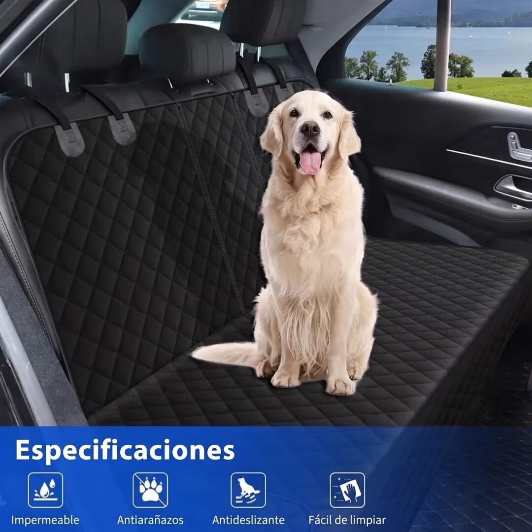 Funda Protectora para Asiento de Coche con Perro Perro Golden Retriever sentado cómodamente en el asiento trasero de un coche protegido con funda negra impermeable.