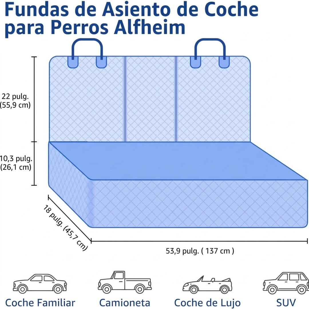 Funda de Asiento de Coche para Perros Utilitaria Funda de asiento de coche para perros utilitaria color azul y blanco, vista completa con bolsillos laterales.
