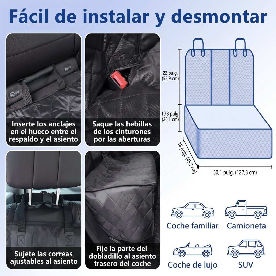 Fácil Instalación y Desmontaje de la Funda Diagrama técnico mostrando que la funda para coche es fácil de instalar y desmontar con correas ajustables.